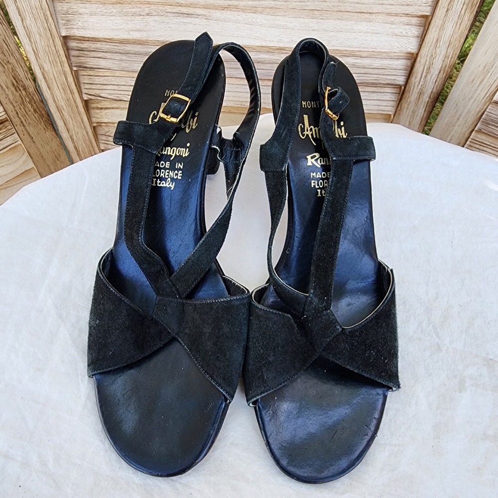 Amalfi by Rangoni Sz 8.5M Black Suede Leather Slingback Block Heel Sandals